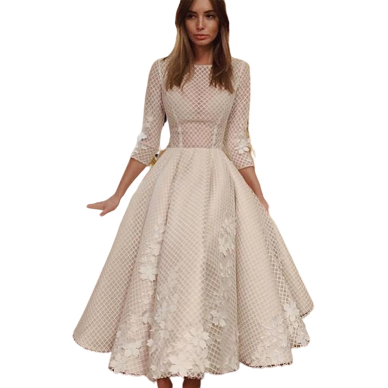 Tea Length Beige Prom Dresses O Neck Three Quarter Sleeve 3D Flower lace arabic muslim puffy skirt princess Evening Party Gowns