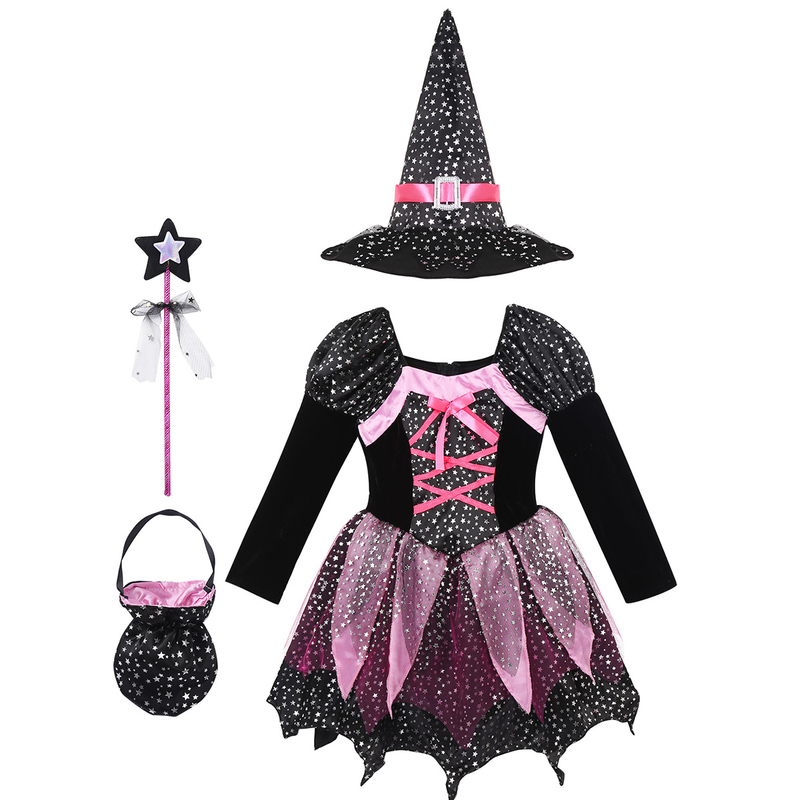 Special Occasions Kid Girls Halloween Witch Costume Sparkly Silver Stars Printed Carnival Cosplay Dress with Pointed Hat Wand Up Clothes 220922