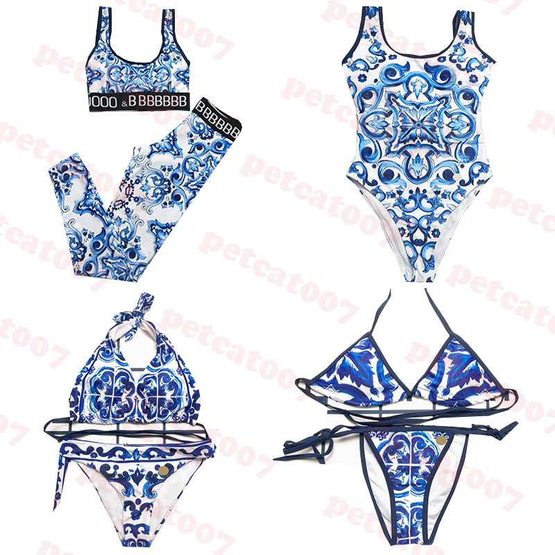 Blue Pattern Swimsuit Womens Bikini Designer Ladies Yoga Wear Swimwear Sexy Lace Up Bathing Suit