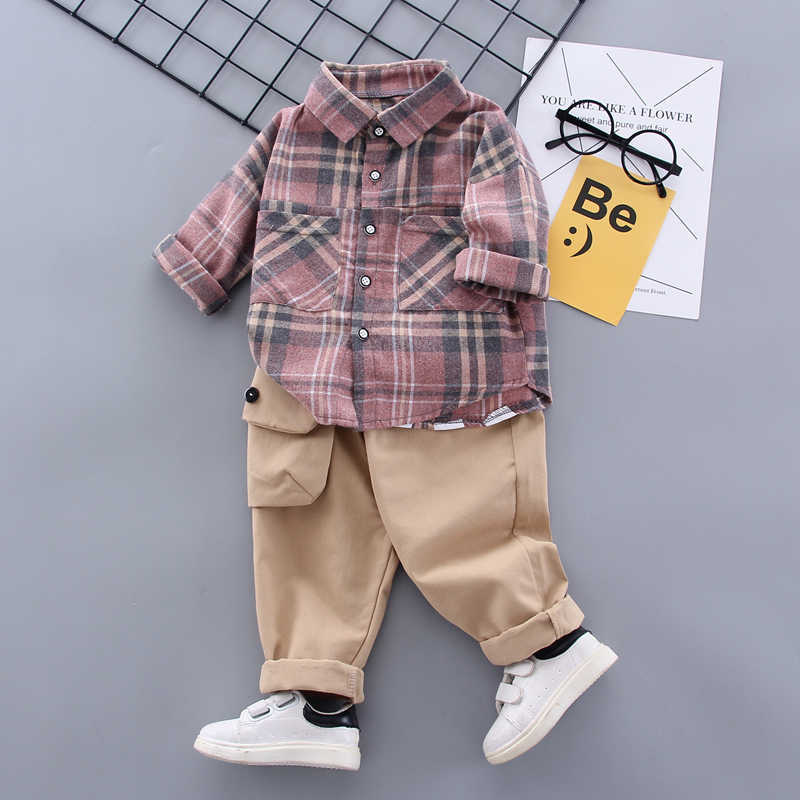 Autumn Spring Baby Boy Fashion Formal Clothing Kid Suits Plaid Shirt Pants 2pac set Children Clothes Set 1 2 3 4 5 Years45pu