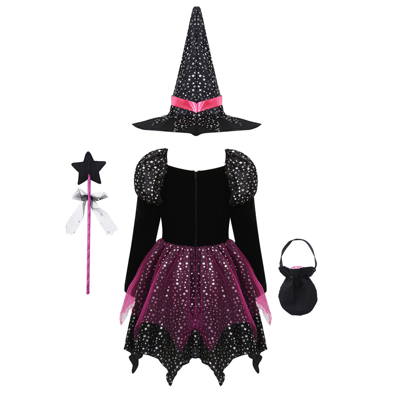 Special Occasions Kid Girls Halloween Witch Costume Sparkly Silver Stars Printed Carnival Cosplay Dress with Pointed Hat Wand Up Clothes 220922