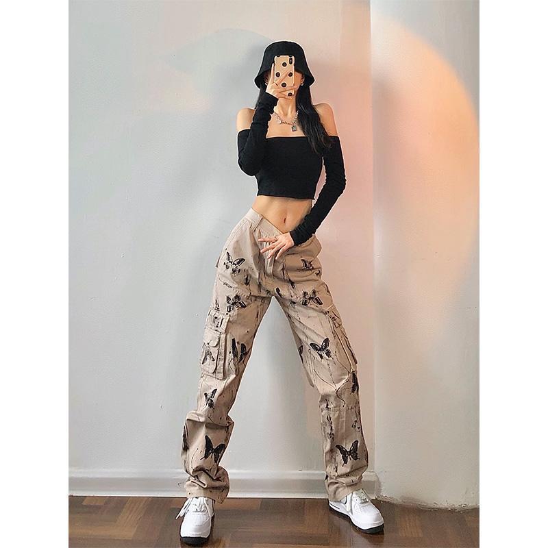 Women's Pants Capris Cargo Ink Splash Tie dye Butterfly Y2k Spring Straight High Waist Vintage Streetwear 220922