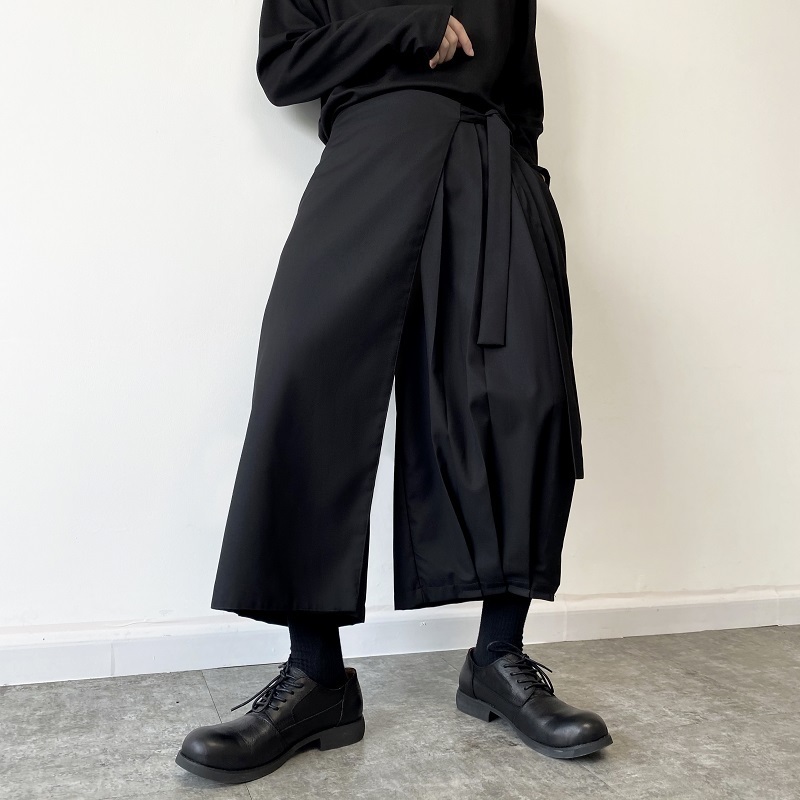 Men's Pants Elastic Waist Tie Culottes Men Harajuku Streetwear Trend Fashion Loose Casual Black Wide Leg Kimono Pants Man Skirt Trousers 220922