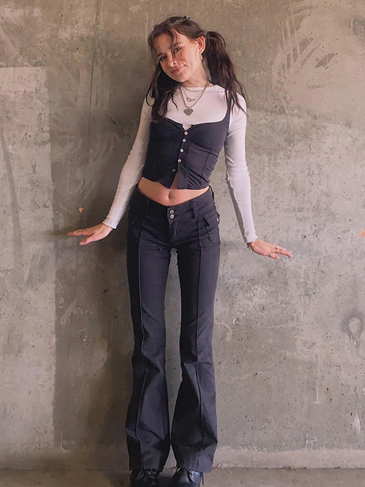 Women's Pants Capris ALLNeon Indie Aesthetics Slim Low Waist Flare E girl Vintage Pockets Solid Y2K Autumn 90s Fashion Black Trousers 220922