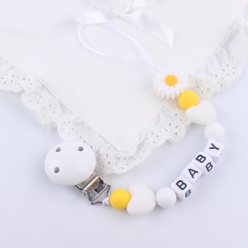 Custom Name Handmade Personalize Dummy Clips Pacifier Clips Holder Baby Silicone Daisy Flower Pacifier Holder Chain Baby Teether