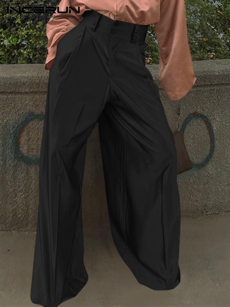 Men's Pants Fashion Men Solid Color Button High Waist Pockets Leisure Wide Leg Trousers Men Streetwear Casual INCERUN 220922