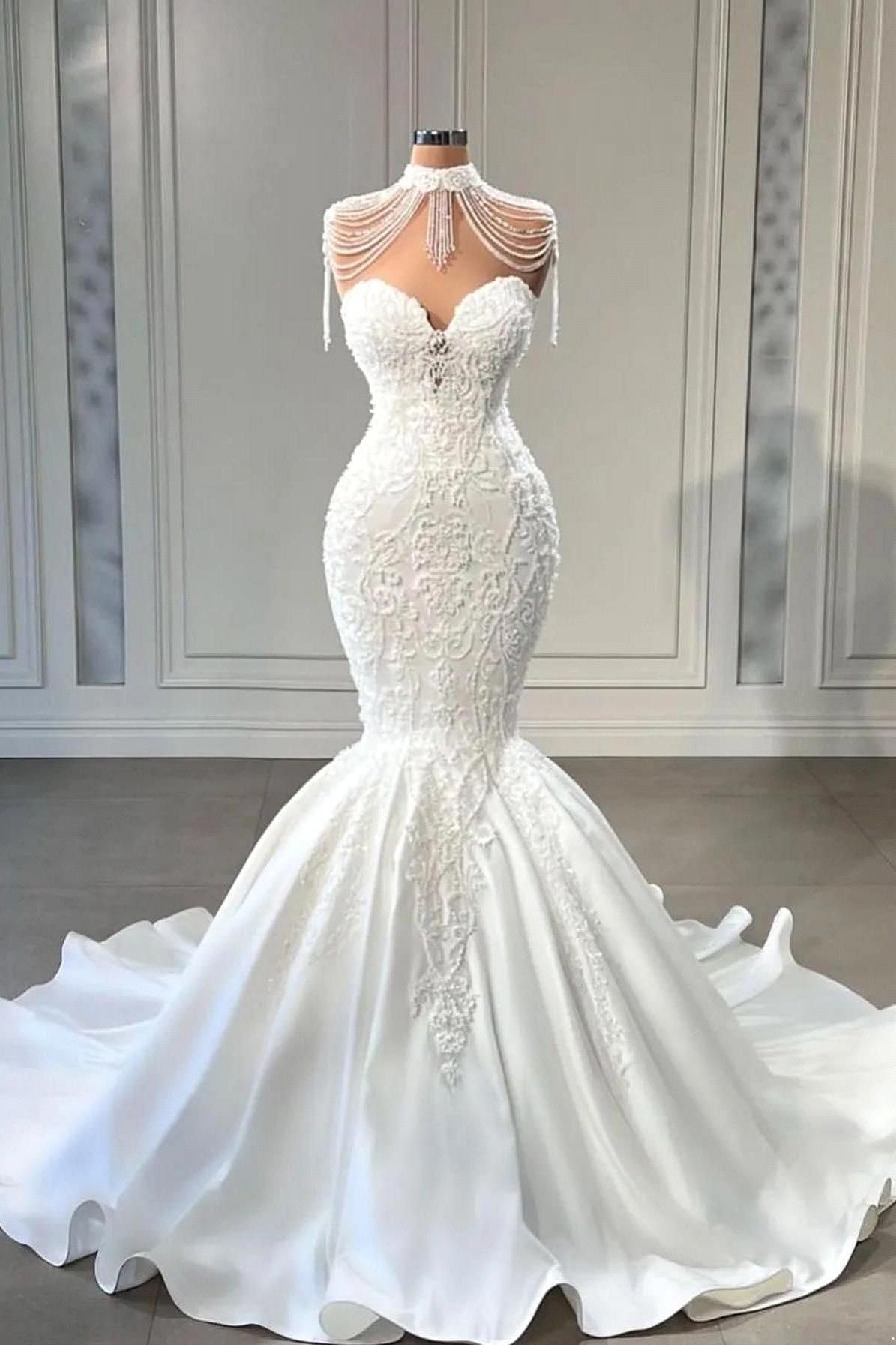 Lace Sweetheart Mermaid Wedding Dresses Embroidery Beaded Sweep Train Arabic Bridal Gowns BC