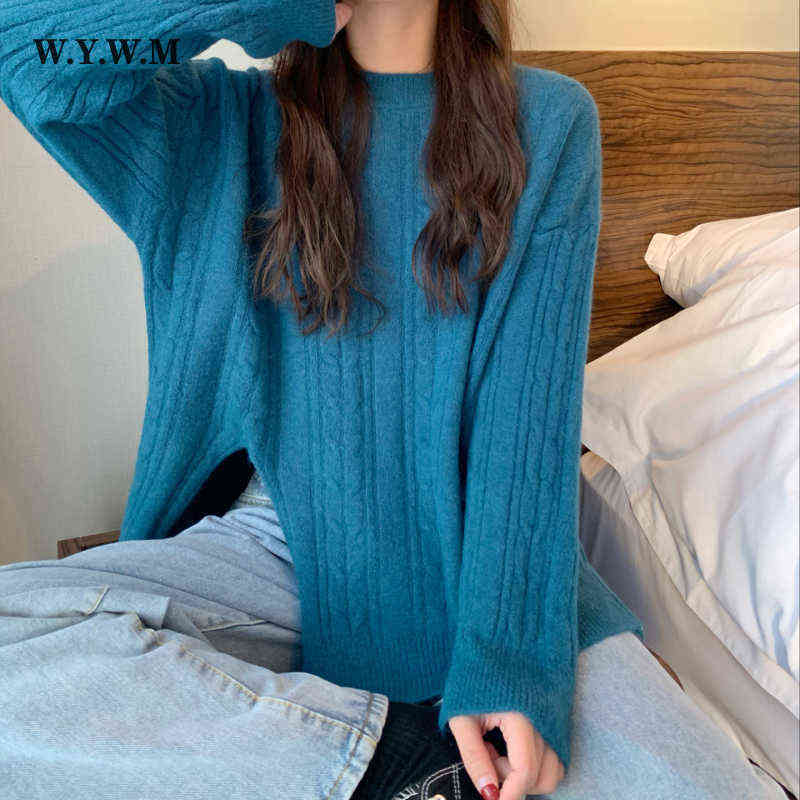 Women's Sweaters Wywm Winter MidLength Knitted Striped Sweater Women Autumn Loose Solid Split Sweaters Ladies Korean Oversized Depth Jumper J2209