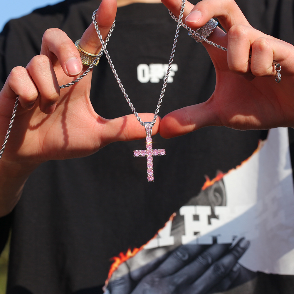 Light Blue Diamond Cross Pendants Necklace Jewelry Platinum Plated Men Women Lover Gift Couple Religious Jewelry
