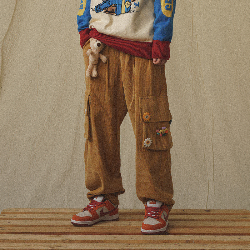 Men's Pants GODLIKEU Japanese Streetwear Corduroy Pants Male Vintage Brown Cargo Pockets Oversized Korean Wide Leg Hip Hop Trousers 220922