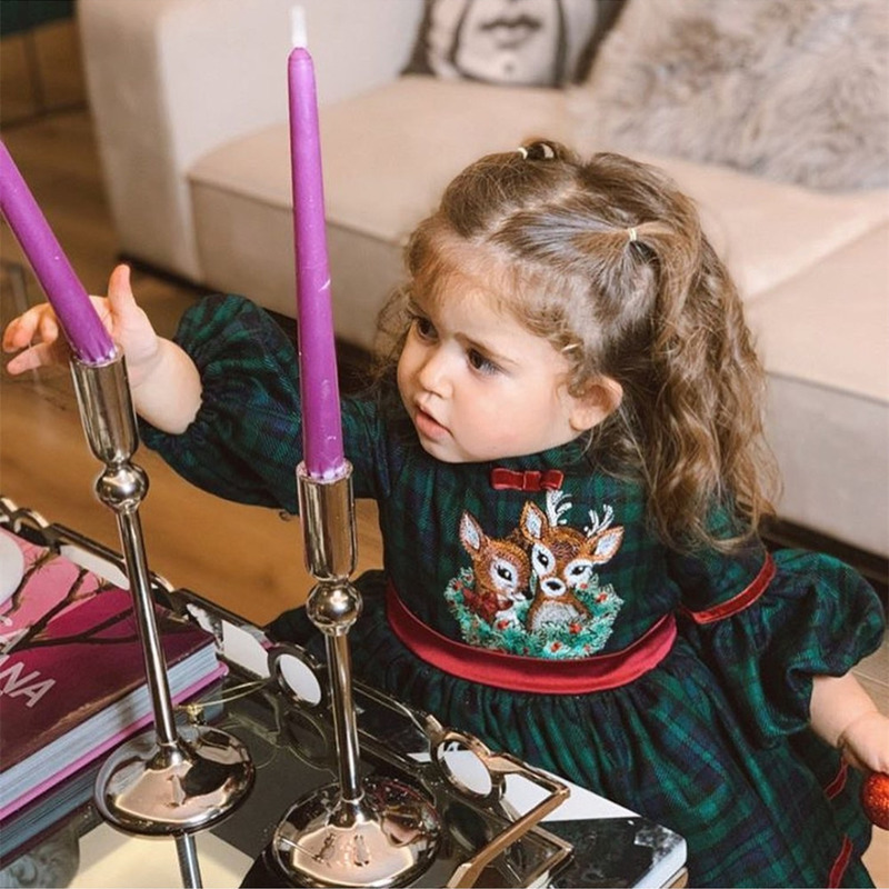Special Occasions 0-12Y Baby Girl Autumn Winter Green Plaid Deer Embroidery Vintage Spanish Princess Ball Gown Dress for Christmas Eid Causal 220922