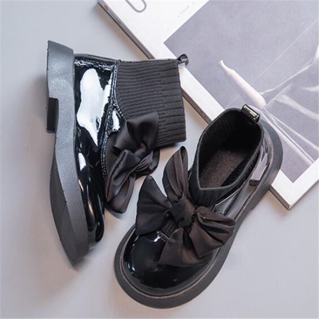 Childrens Boots Fashion Patent Leather Bow Child Girls Leather Shoes Autumn New Kids Socks Single Boot