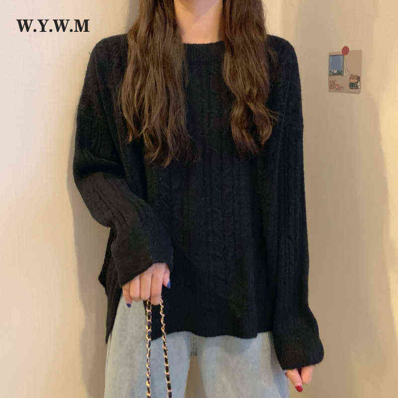 Women's Sweaters Wywm Winter MidLength Knitted Striped Sweater Women Autumn Loose Solid Split Sweaters Ladies Korean Oversized Depth Jumper J2209