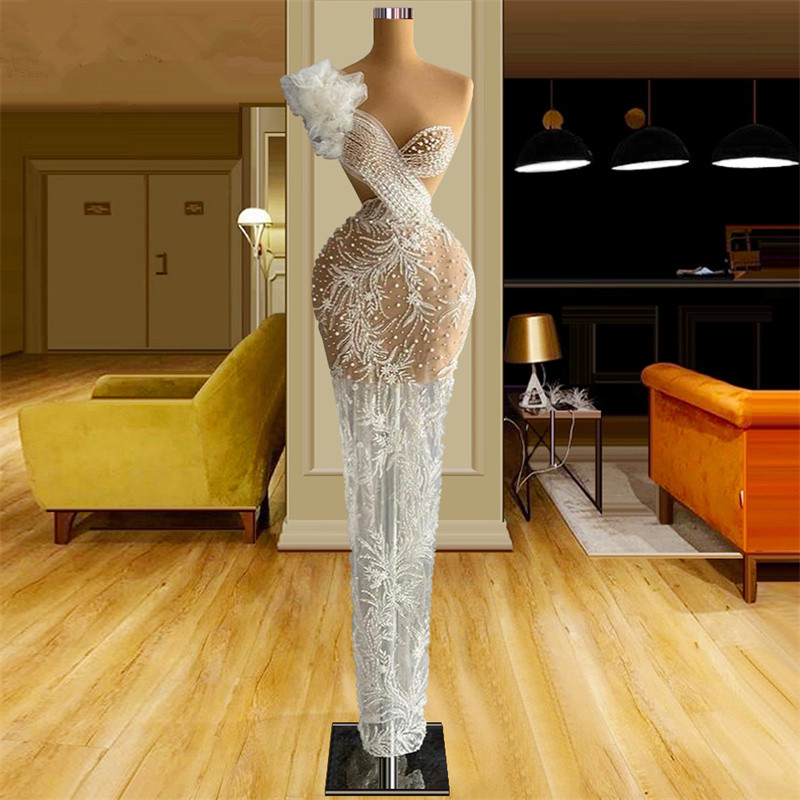 New Design Pearls Mermaid Wedding Dresses See Through Bridal Gown Custom Made Lace Appliques Ruffles Wedding Gowns