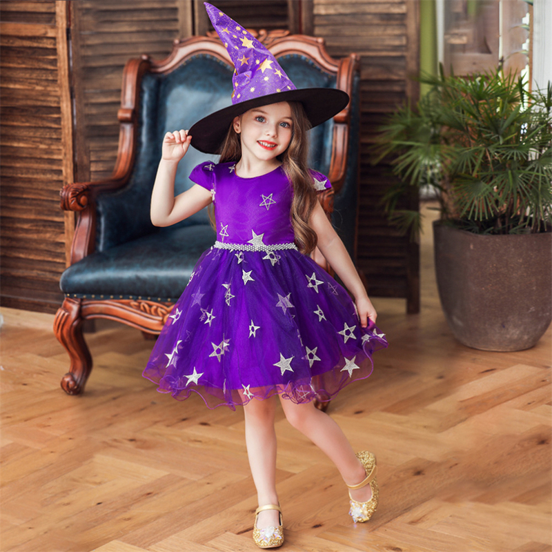 Special Occasions Halloween Witch Costume Girls Dress Up Hat Ruffle Tulle Tutu Christmas Kids Evening Party Star Embroidery es 220922