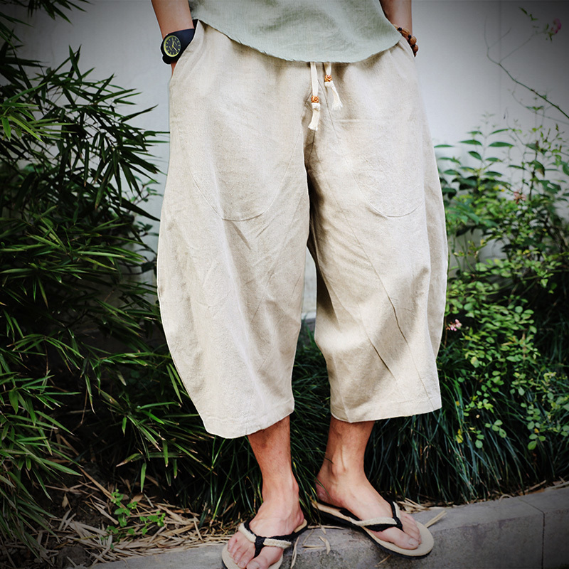 Men's Pants Cotton Linen Baggy Wide Leg Hanging Crotch Hip Hop Bloomers 's CalfLength Cross Trousers 220922