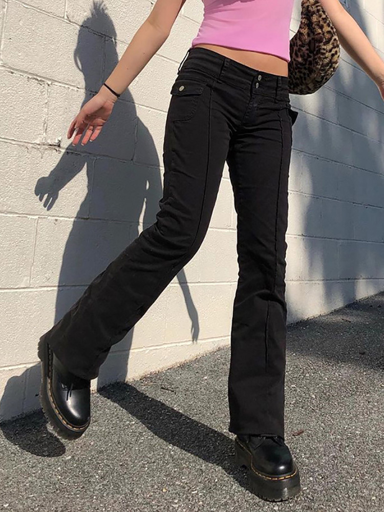 Women's Pants Capris ALLNeon Indie Aesthetics Slim Low Waist Flare E girl Vintage Pockets Solid Y2K Autumn 90s Fashion Black Trousers 220922