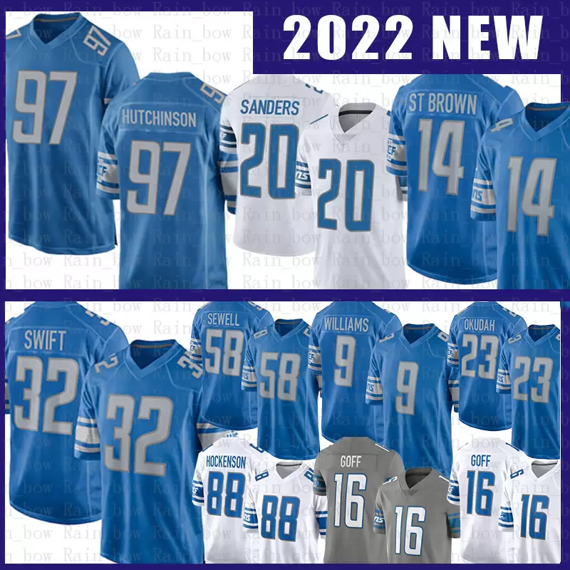 Jersey Barry Sanders Detroit''Lions''Aidan Hutchinson Amon-Ra St. Brown Jameson Williams Jared Goff D'Andre Swift Penei Sewell T.J. Hockenson