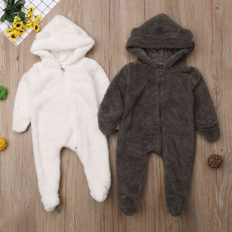 Rompers Newborn Baby Girls Boys Plush Warm Rompers Solid White Zipper Hooded Ropa Bebe Jumpsuit Winter Romper Baby Boy Girl Clothing J220922