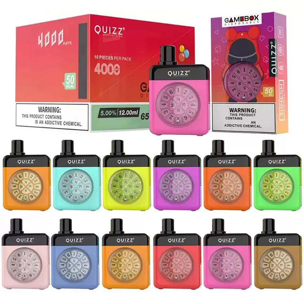 Electronics Authentic Quizz Game Box Disposable E cigarettes 4000 Puffs Vape Pen 650mAh Rechargeable Battery 12ml Prefilled Mesh Coil Pods Device
Electronics Authentic Quizz Game Box Disposable E cigarettes 4000 Puffs Vape Pen 650mAh Rechargeable Battery 12ml Prefilled Mesh Coil Pods Device