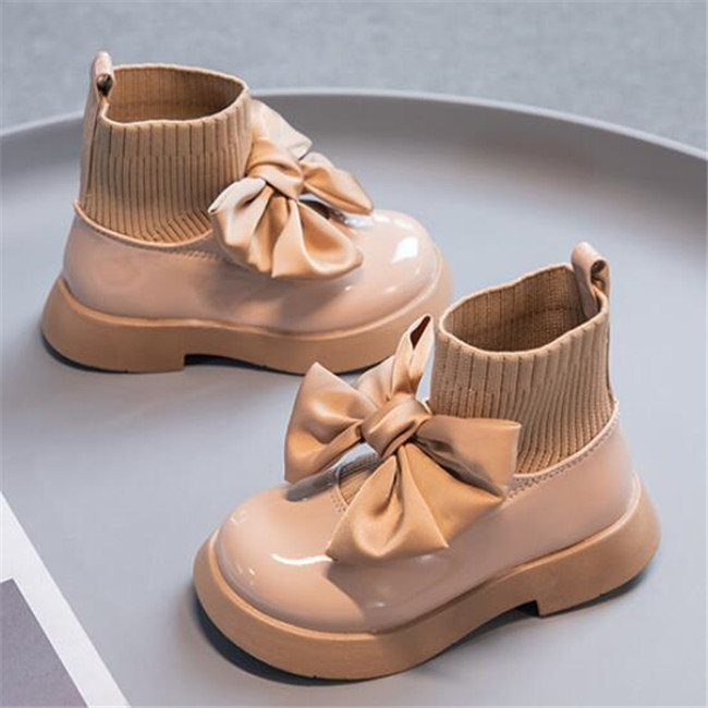 Childrens Boots Fashion Patent Leather Bow Child Girls Leather Shoes Autumn New Kids Socks Single Boot