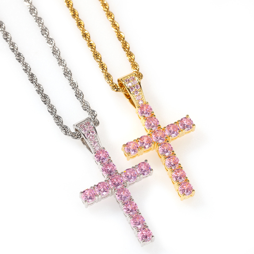 Light Blue Diamond Cross Pendants Necklace Jewelry Platinum Plated Men Women Lover Gift Couple Religious Jewelry