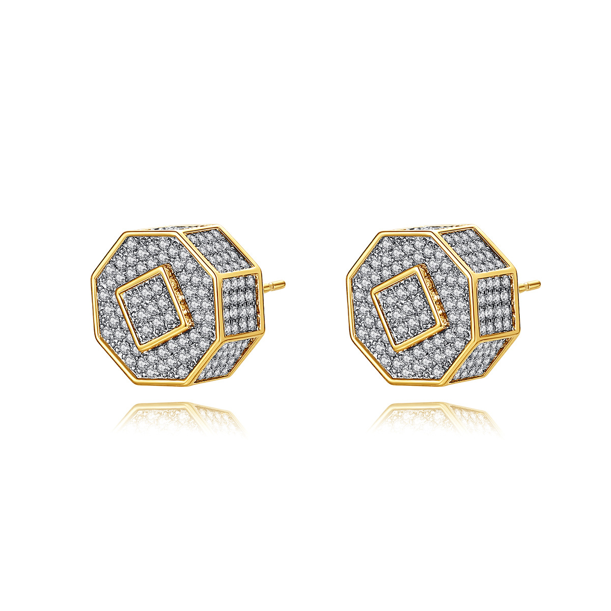Hip Hop Stud Earrings Cylinder Shape Shining White Zircon Dangle Earrings Gold Plated Vintage Geometric Jewelry Wholesale