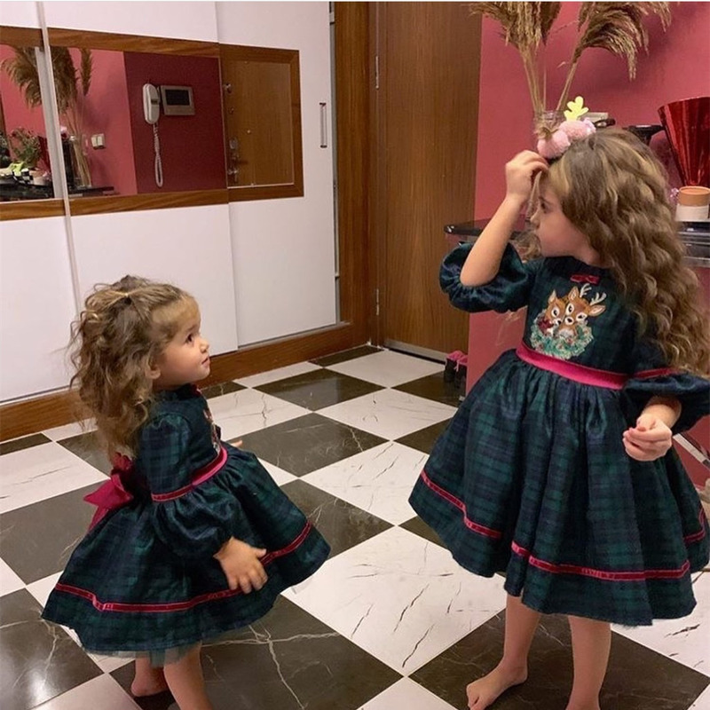 Special Occasions 0-12Y Baby Girl Autumn Winter Green Plaid Deer Embroidery Vintage Spanish Princess Ball Gown Dress for Christmas Eid Causal 220922