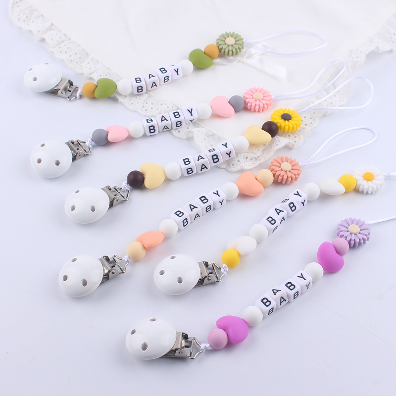Custom Name Handmade Personalize Dummy Clips Pacifier Clips Holder Baby Silicone Daisy Flower Pacifier Holder Chain Baby Teether