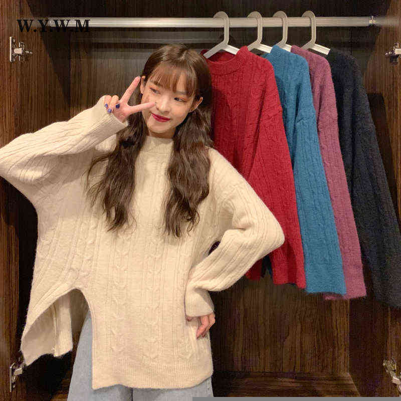 Women's Sweaters Wywm Winter MidLength Knitted Striped Sweater Women Autumn Loose Solid Split Sweaters Ladies Korean Oversized Depth Jumper J2209