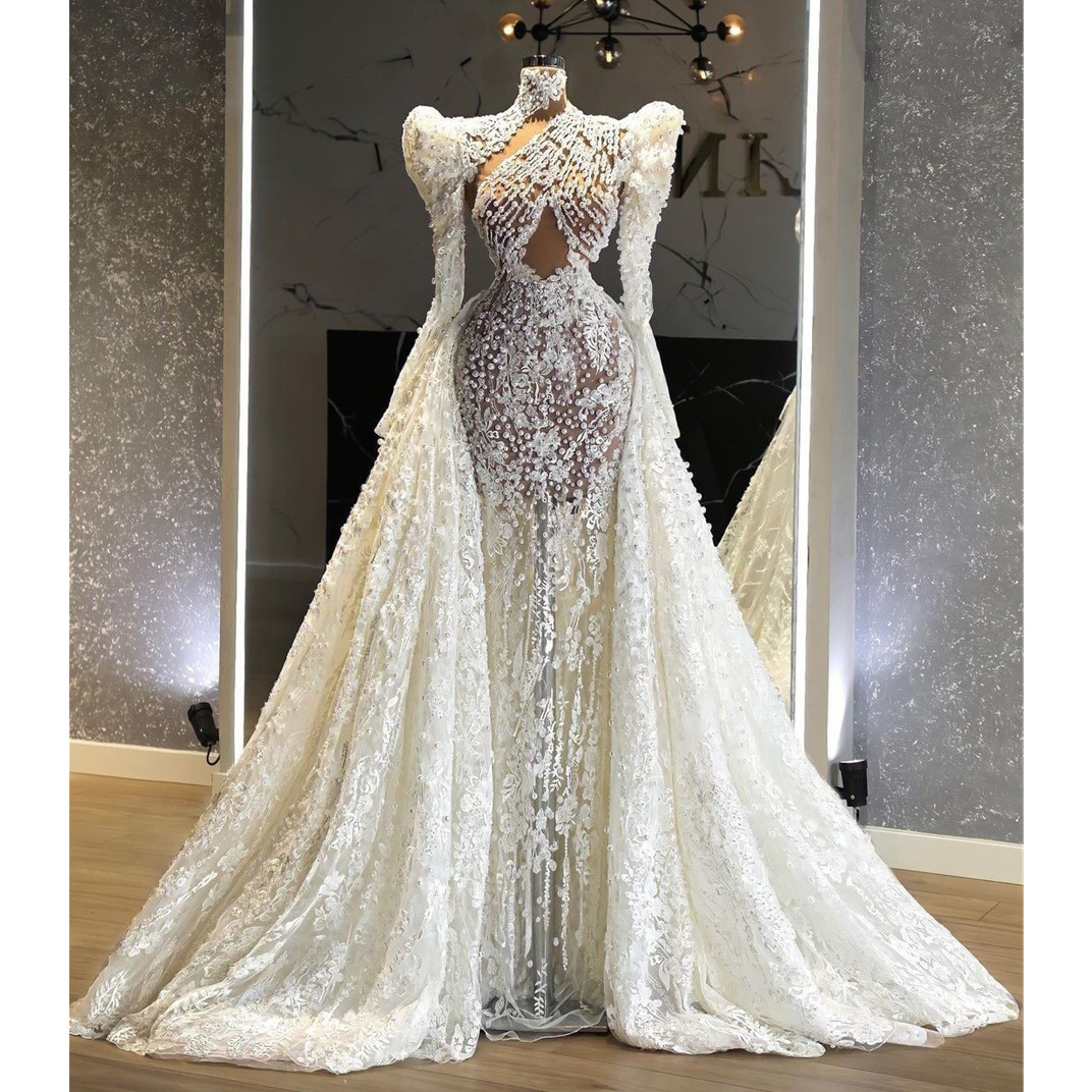 Stylish Mermaid Wedding Dress Long Sleeves High Neck 3D Lace Appliques Sequins Pearls or Length Detachable Train Elegant Bridal Gowns Plus Size Vestid