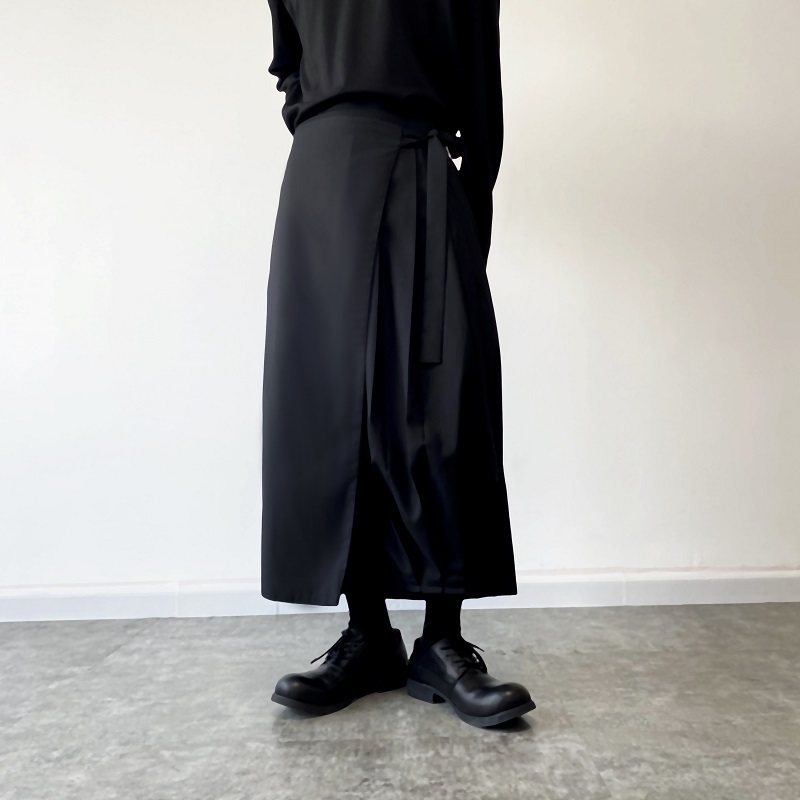 Men's Pants Elastic Waist Tie Culottes Men Harajuku Streetwear Trend Fashion Loose Casual Black Wide Leg Kimono Pants Man Skirt Trousers 220922