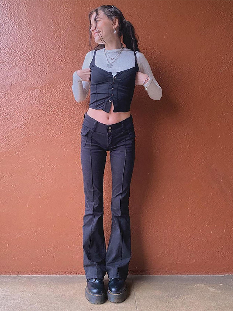 Women's Pants Capris ALLNeon Indie Aesthetics Slim Low Waist Flare E girl Vintage Pockets Solid Y2K Autumn 90s Fashion Black Trousers 220922