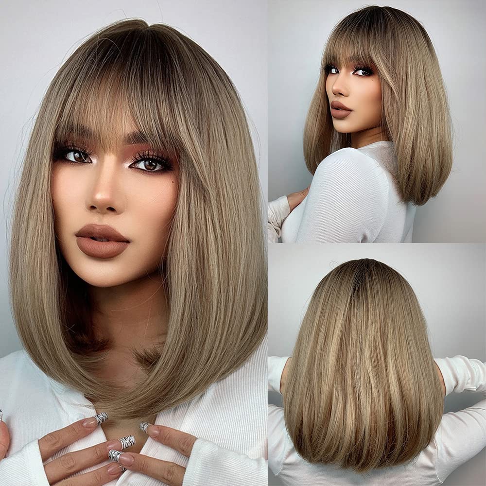 Brown Bob Wigs for Women Shoulder Length Synthetic Wig with Fringe Bangs High Heat Resistant Wig