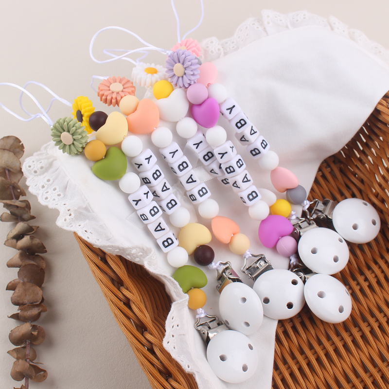 Custom Name Handmade Personalize Dummy Clips Pacifier Clips Holder Baby Silicone Daisy Flower Pacifier Holder Chain Baby Teether