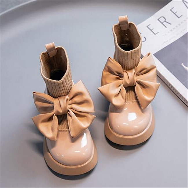 Childrens Boots Fashion Patent Leather Bow Child Girls Leather Shoes Autumn New Kids Socks Single Boot