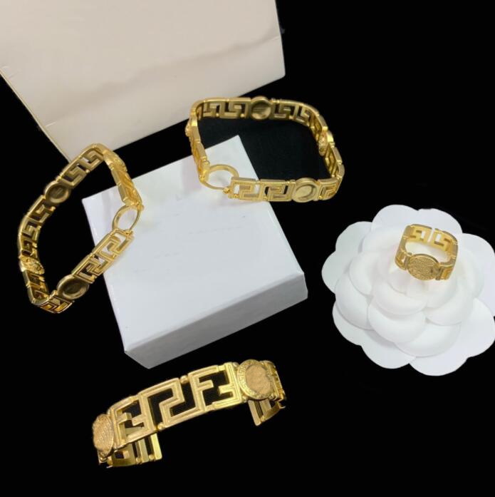 Greece Meander Pattern Designed Womens hollow out Rome Bracelets Earrings Rings Sets Medusa Head Portrait 18K Gold plated Medusas Designer Jewelry Sets 67