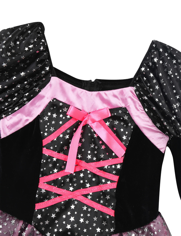 Special Occasions Kid Girls Halloween Witch Costume Sparkly Silver Stars Printed Carnival Cosplay Dress with Pointed Hat Wand Up Clothes 220922