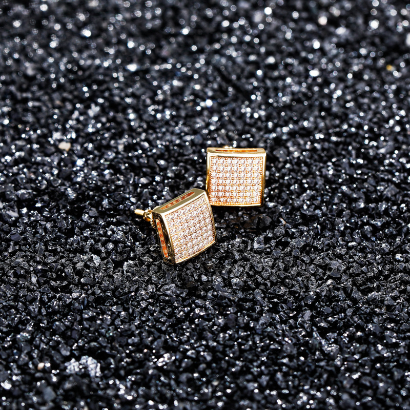 Hip Hop Stud Earrings Square Screw Back White Zircon Dangle Earrings Gold Plated Vintage Geometric Jewelry Wholesale