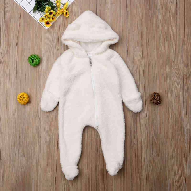 Rompers Newborn Baby Girls Boys Plush Warm Rompers Solid White Zipper Hooded Ropa Bebe Jumpsuit Winter Romper Baby Boy Girl Clothing J220922