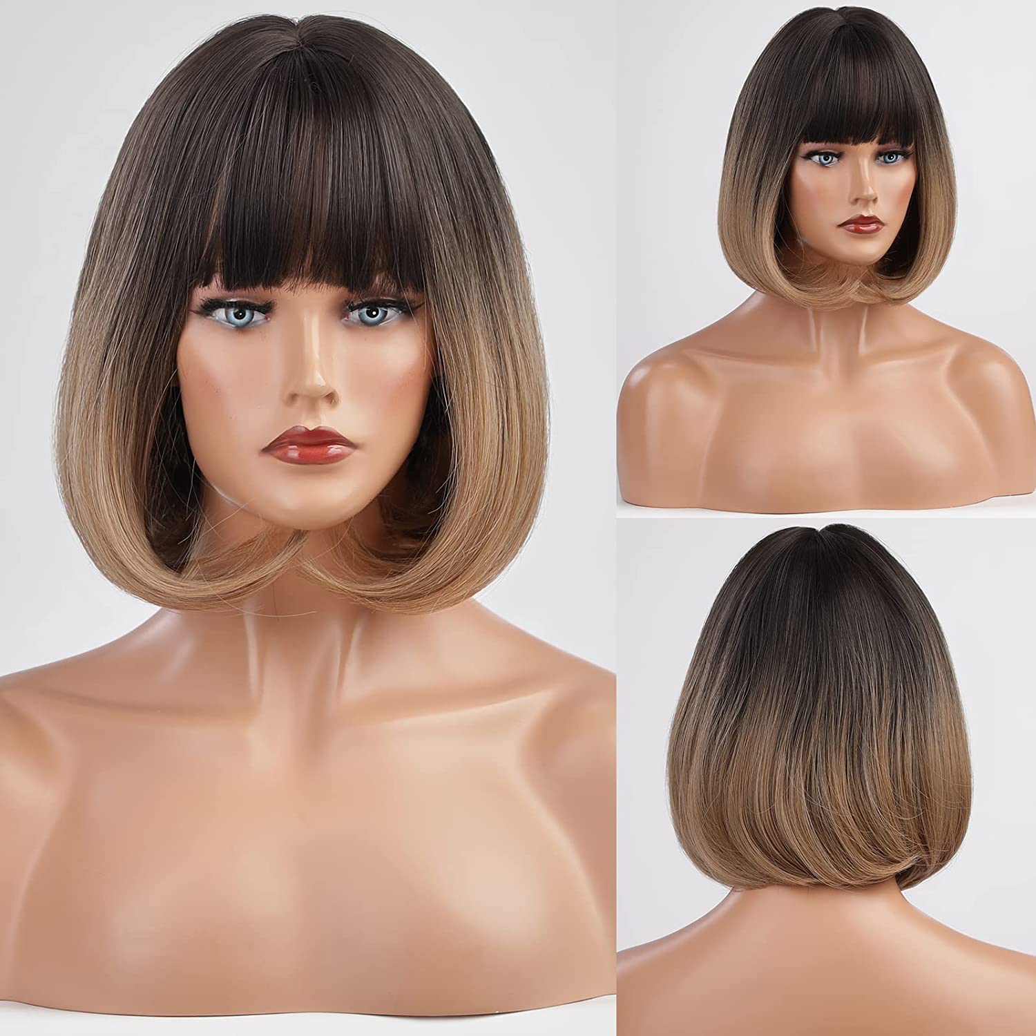 Brown Bob Wigs for Women Shoulder Length Synthetic Wig with Fringe Bangs High Heat Resistant Wig