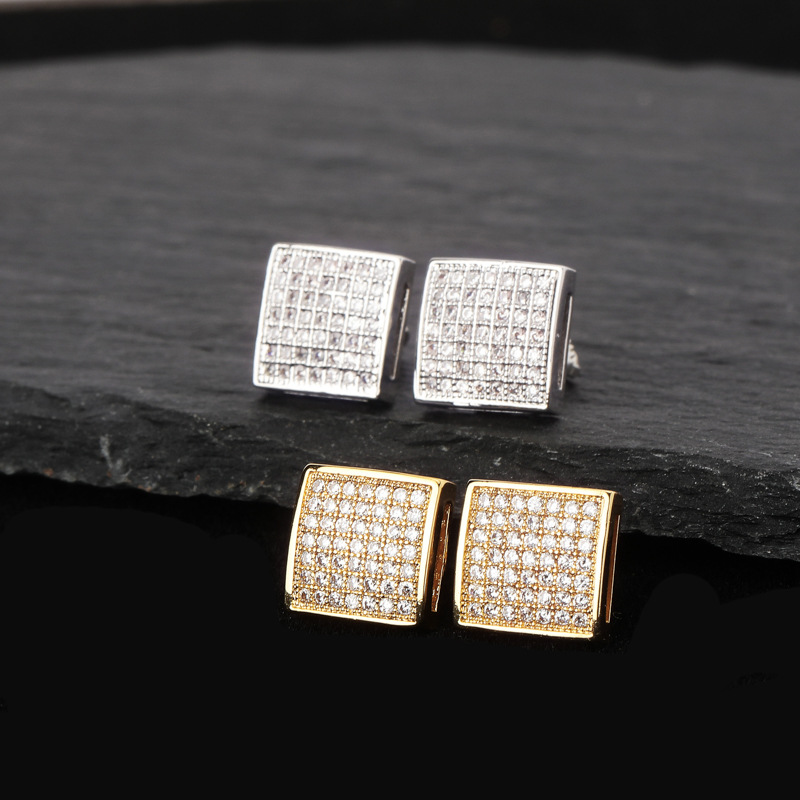 Hip Hop Stud Earrings Square Screw Back White Zircon Dangle Earrings Gold Plated Vintage Geometric Jewelry Wholesale