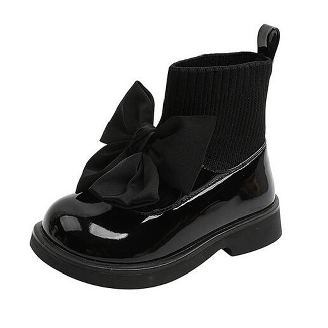 Childrens Boots Fashion Patent Leather Bow Child Girls Leather Shoes Autumn New Kids Socks Single Boot