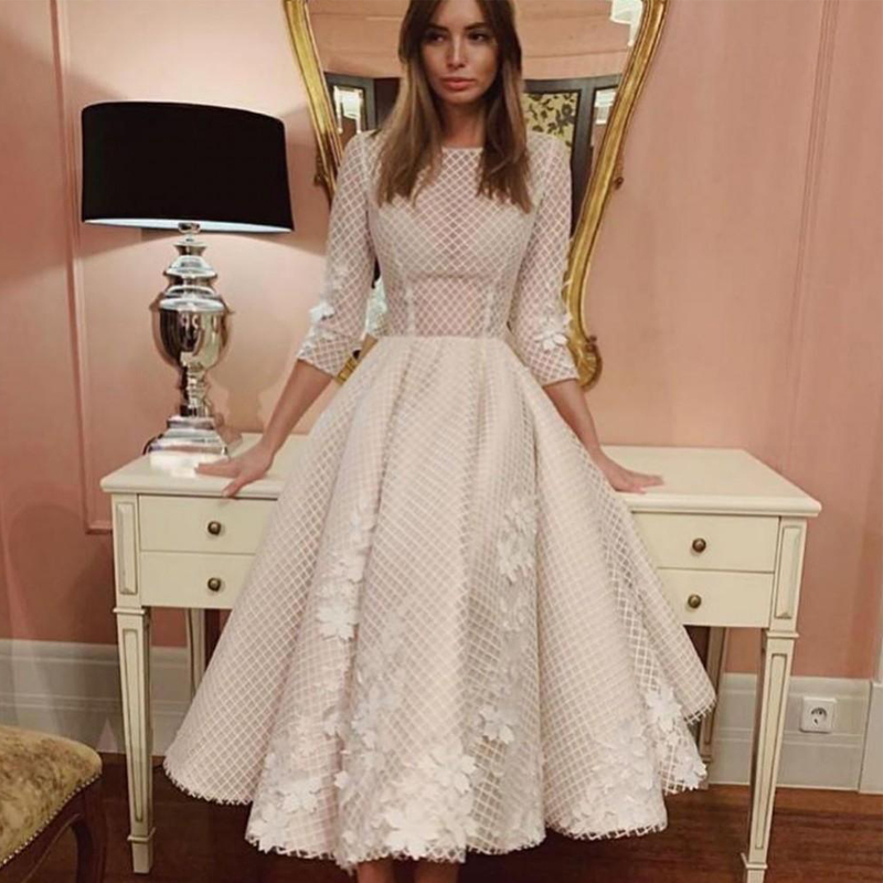 Tea Length Beige Prom Dresses O Neck Three Quarter Sleeve 3D Flower lace arabic muslim puffy skirt princess Evening Party Gowns