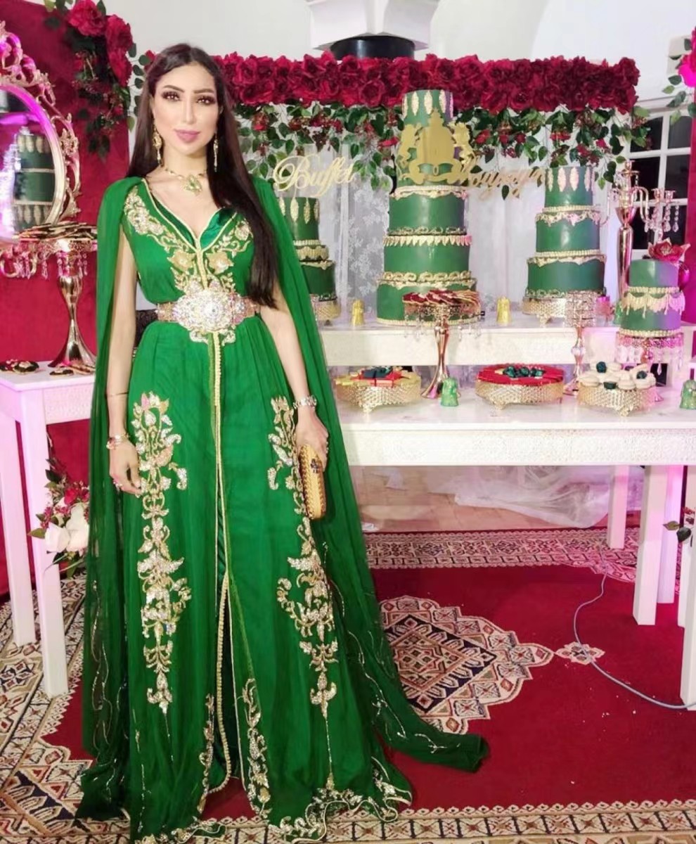 Elegant Green Moroccan Kaftan Evening Dresses Cape Ribbons V-Neck Slit Front A-Line Formal Party Gowns Algeria Arabic Dubai Turkey Caftan Prom Vestido
