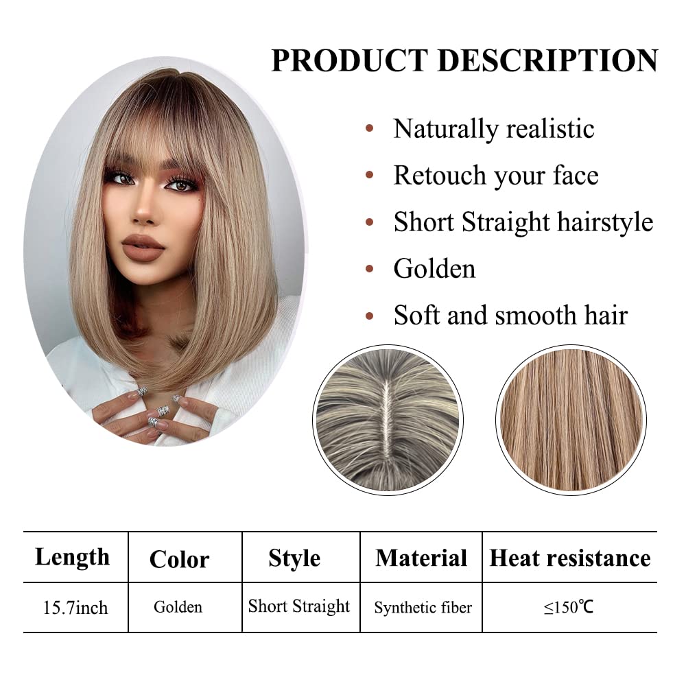 Brown Bob Wigs for Women Shoulder Length Synthetic Wig with Fringe Bangs High Heat Resistant Wig