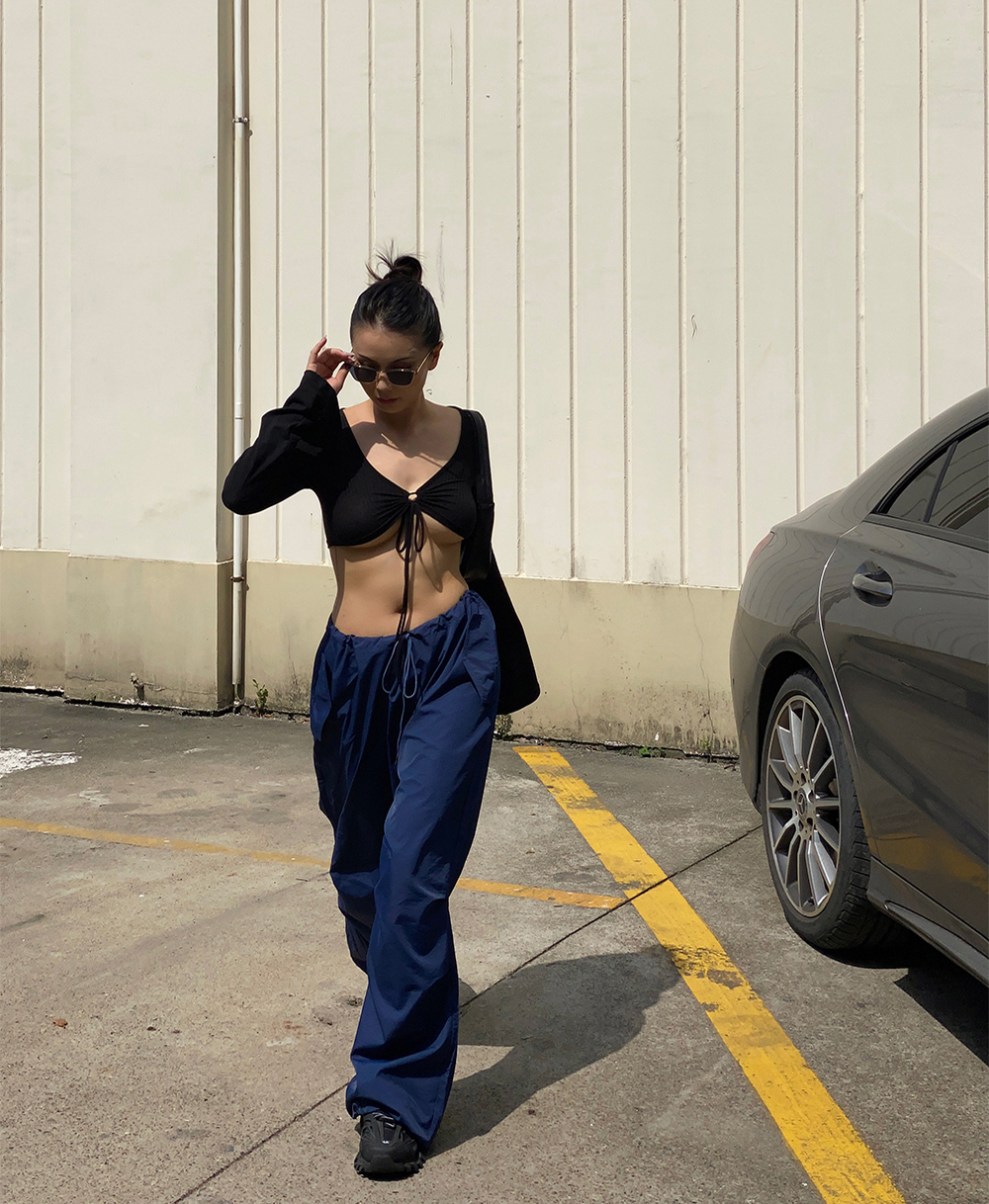 Women's Pants Capris Momoluna Women Madison Beer Baggy Low Waist Parachute Cargo Wide Leg Sweatpants Drawstring Hippie Joggers White Trousers 220
