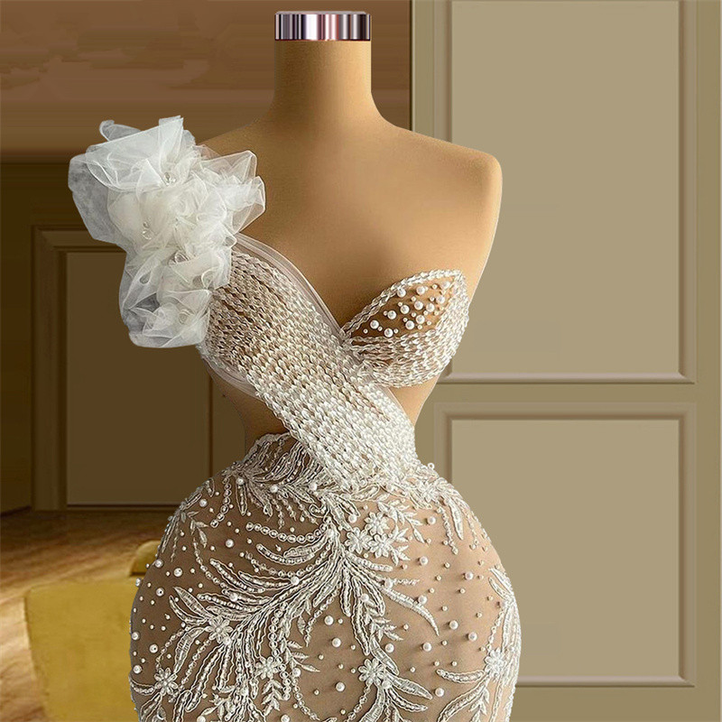 New Design Pearls Mermaid Wedding Dresses See Through Bridal Gown Custom Made Lace Appliques Ruffles Wedding Gowns