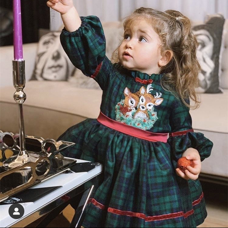 Special Occasions 0-12Y Baby Girl Autumn Winter Green Plaid Deer Embroidery Vintage Spanish Princess Ball Gown Dress for Christmas Eid Causal 220922