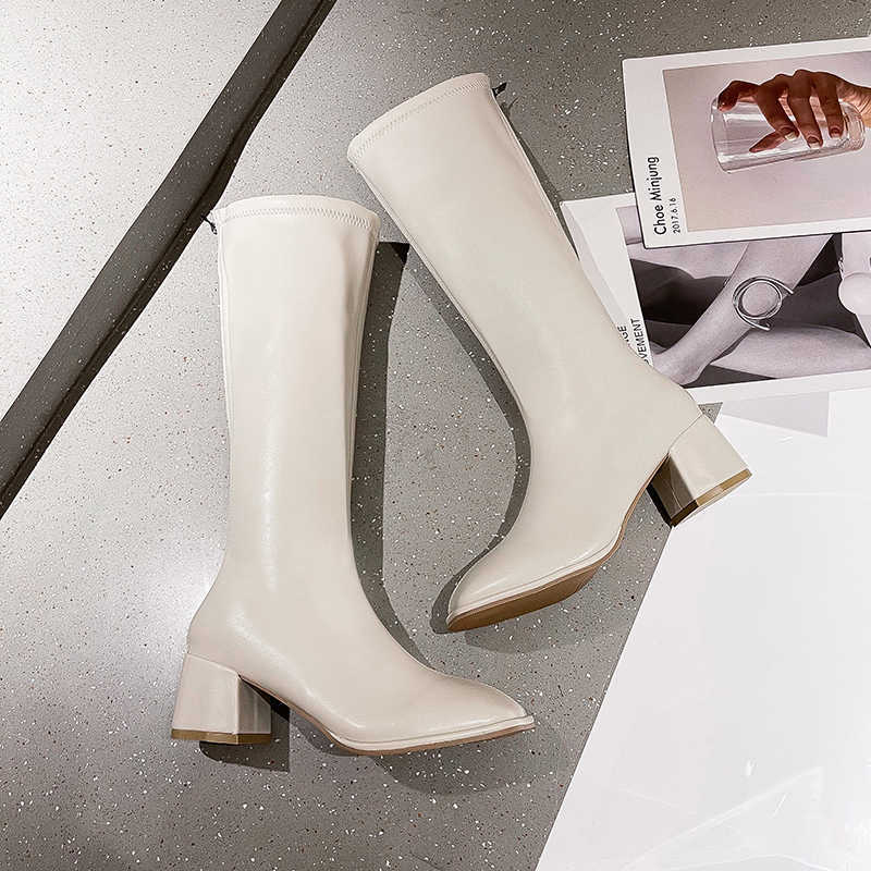 Boots Cream White Black Kaki Women Knee High Bootspu Leather Be Toe Ladies Long Boots Short Plush Women Winter Boots 2022 Wild J220923